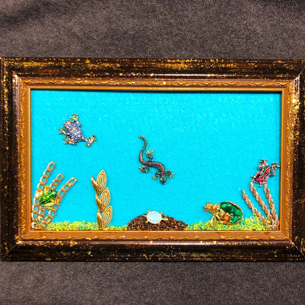 FRAMED JEWELRY ART COLLAGE “AMPHIBIAN WORLD” HANDMADE UNIQUE OOAK GIFT 🎁